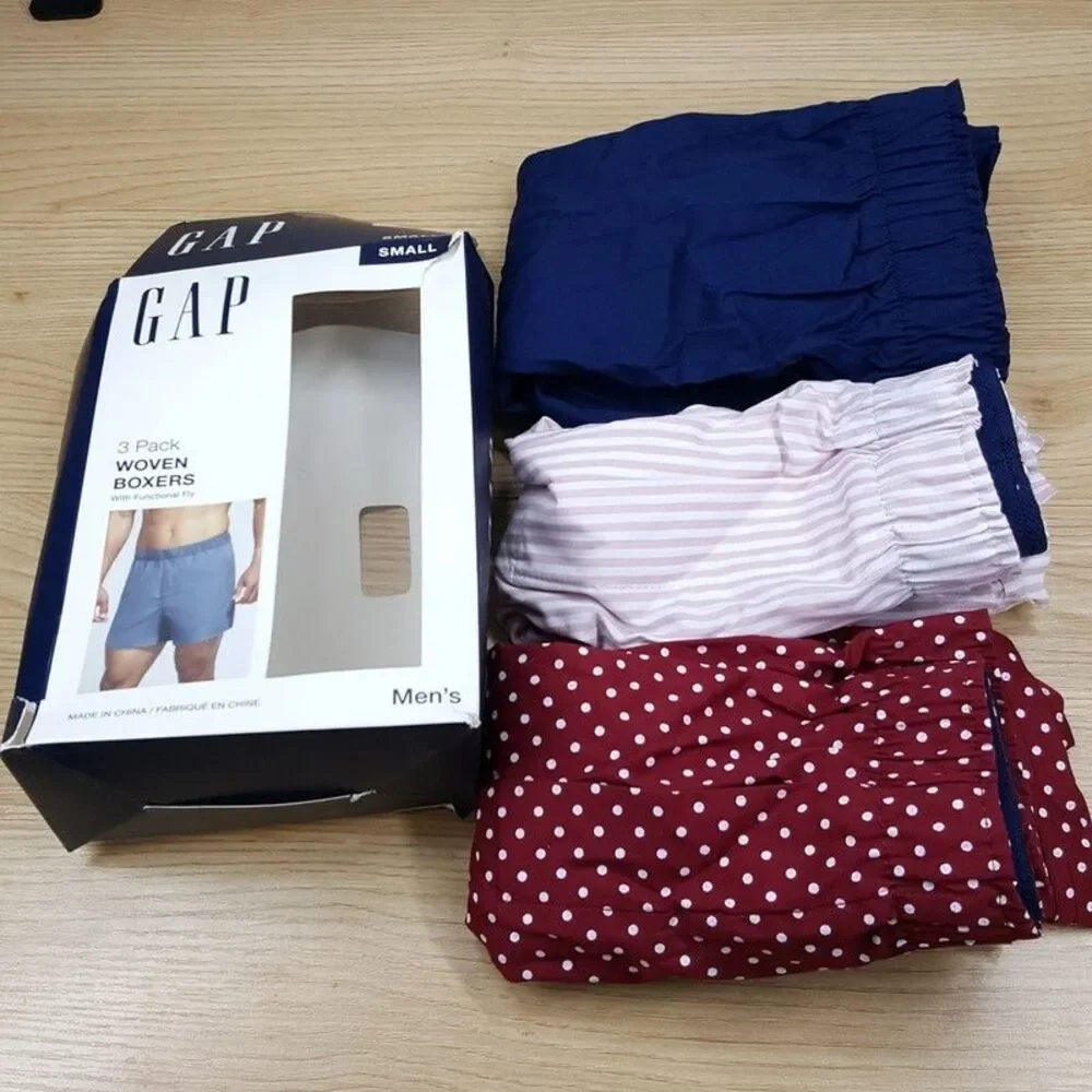 GAP Woven Boxer Shorts Mens Small Blue Navy Maroon Stripe 3-Pack Functional Fly